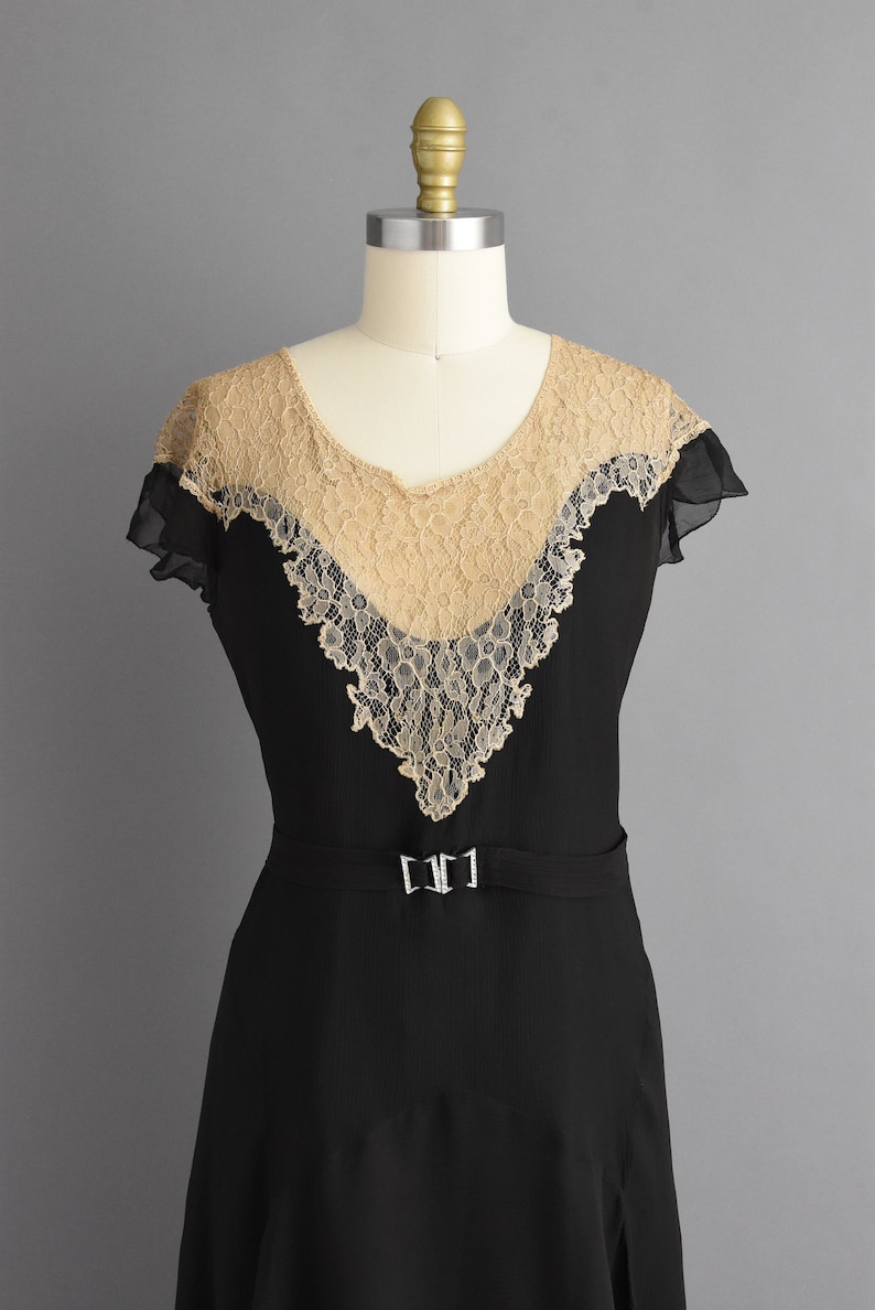 vintage 1920s antique black chiffon lace flapper dress Large image 3