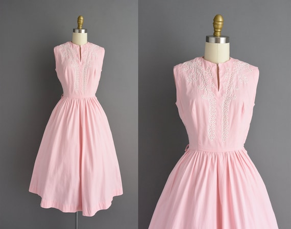 50s dress | Pink cotton sleeveless full skirt shir