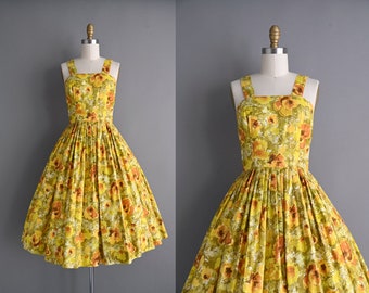 vintage 1950s dress l Golden Floral Print Polished Cotton Full Skirt Dress l Small