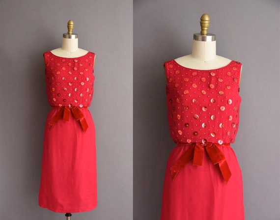 1950s dress - vintage 50s dress - red beaded sequi