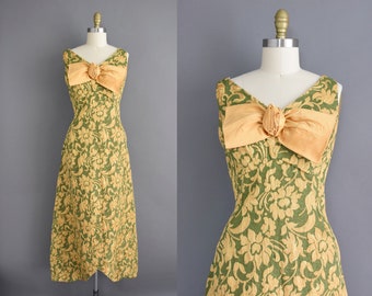 1960s Gold & Green Tapestry Floral Party Dress | Large