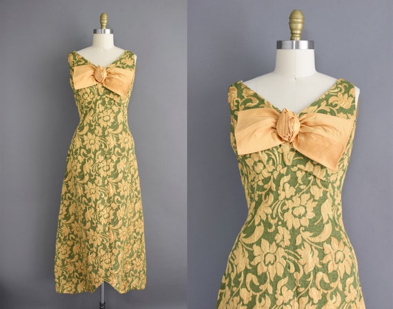 60s dress | Large XL | Gold & green floral design