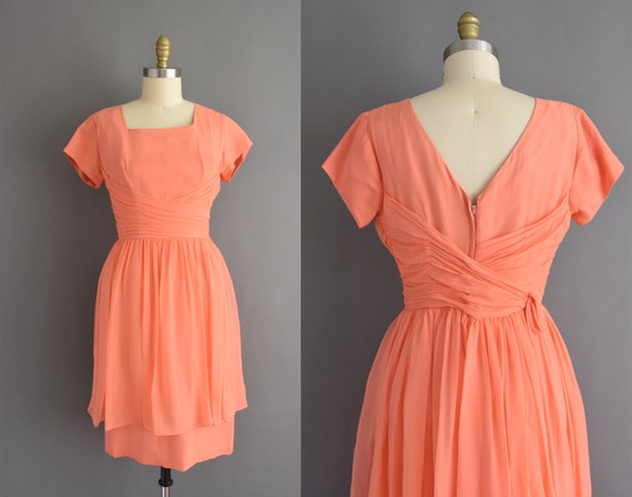 Vintage 50s Dress Peach Pink Layered Chiffon Cocktail Party | Etsy