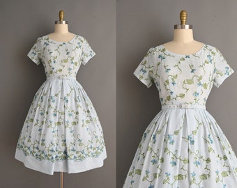 Vintage 1950s Dress | Icy Blue Floral Embroidered Cotton Full Skirt Shirtwaist Dress | Small