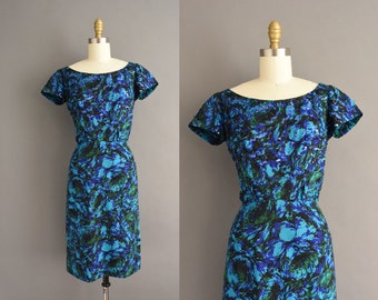 vintage 1950s Frank Starr Blue Silk Floral Print Cocktail Wiggle Dress | Medium |