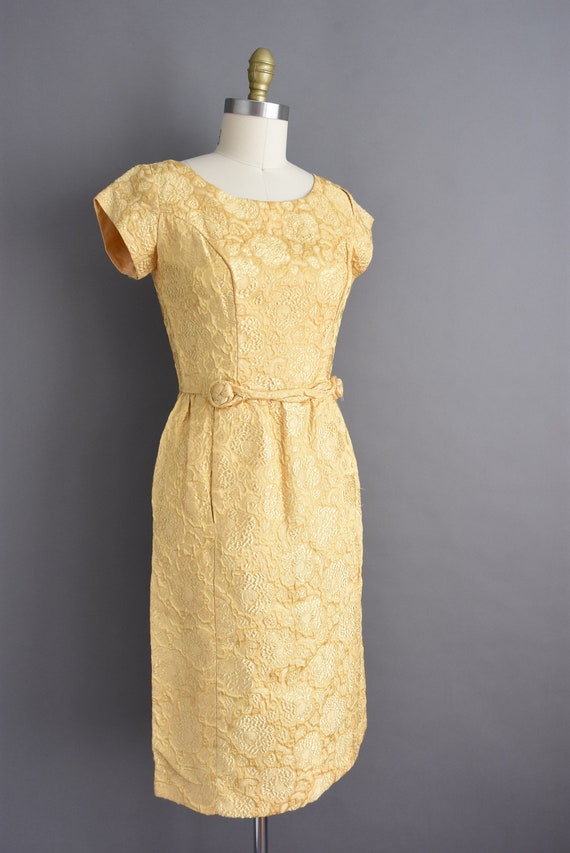 vintage 1950s Gold Floral Cocktail Party Dress | … - image 7