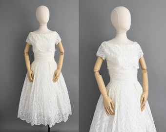 vintage 1950s Dress | Lorrie Deb White Tea Cup Lace Wedding Dress | Small