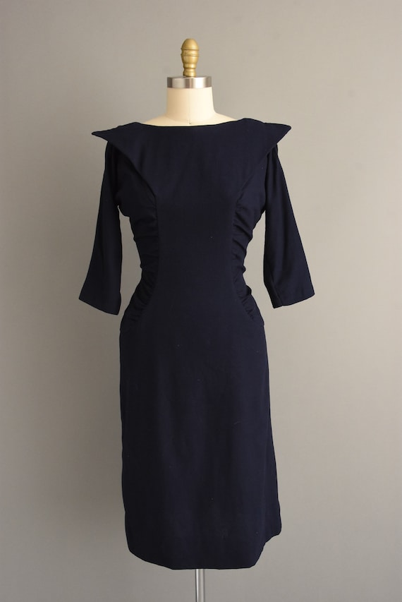 vintage 1950s dress | Gorgeous Navy Blue Wool Coc… - image 2