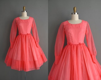 vintage 1950s Dress | Pink Cupcake Full Skirt Long Sleeve Dress | Small