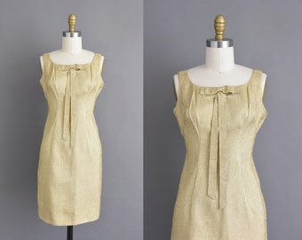 Vestido vintage de los años 50 / Vestido de fiesta VLV de cóctel dorado brillante / Talla pequeña y mediana