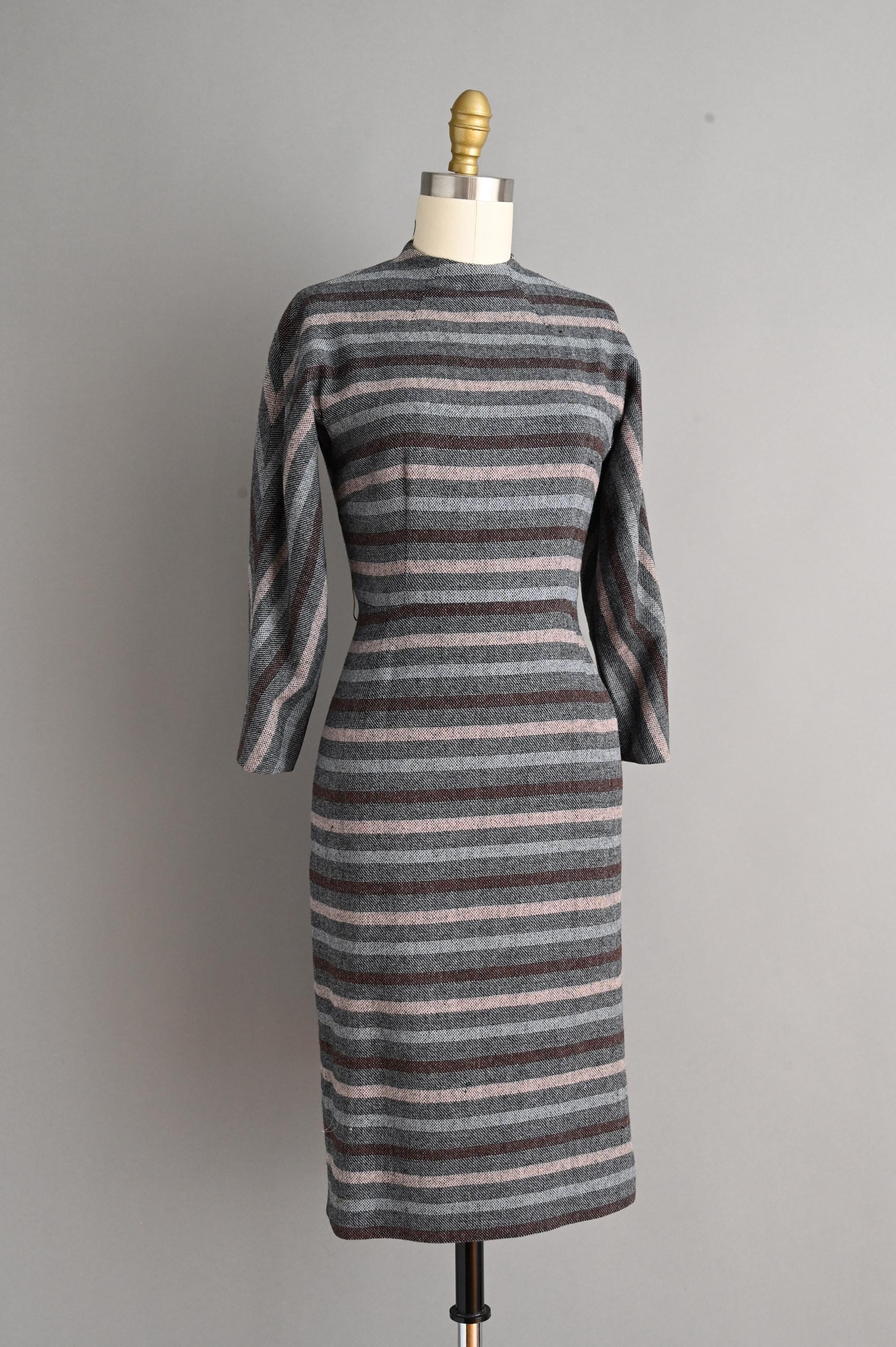 Vintage 1950s Dress | Nishinomiya Cozy Wool Stripe Print Winter