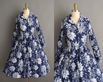 vintage 1960s Dress | Vintage Navy Blue Floral Long Sleeve Shirt Waist Dress | Medium - Large