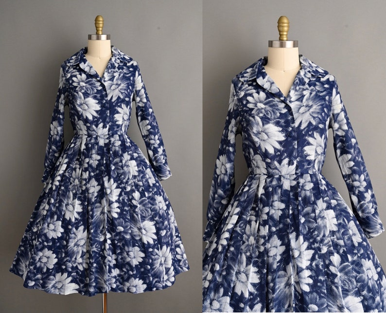 vintage 1960s Dress Vintage Navy Blue Floral Long Sleeve Shirt Waist Dress Medium Large image 1