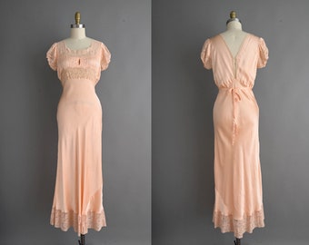 Vintage 1940s Lingerie Slip Dress | Romantic Peach Pink Silk Satin Puff Sleeve Dress | Medium