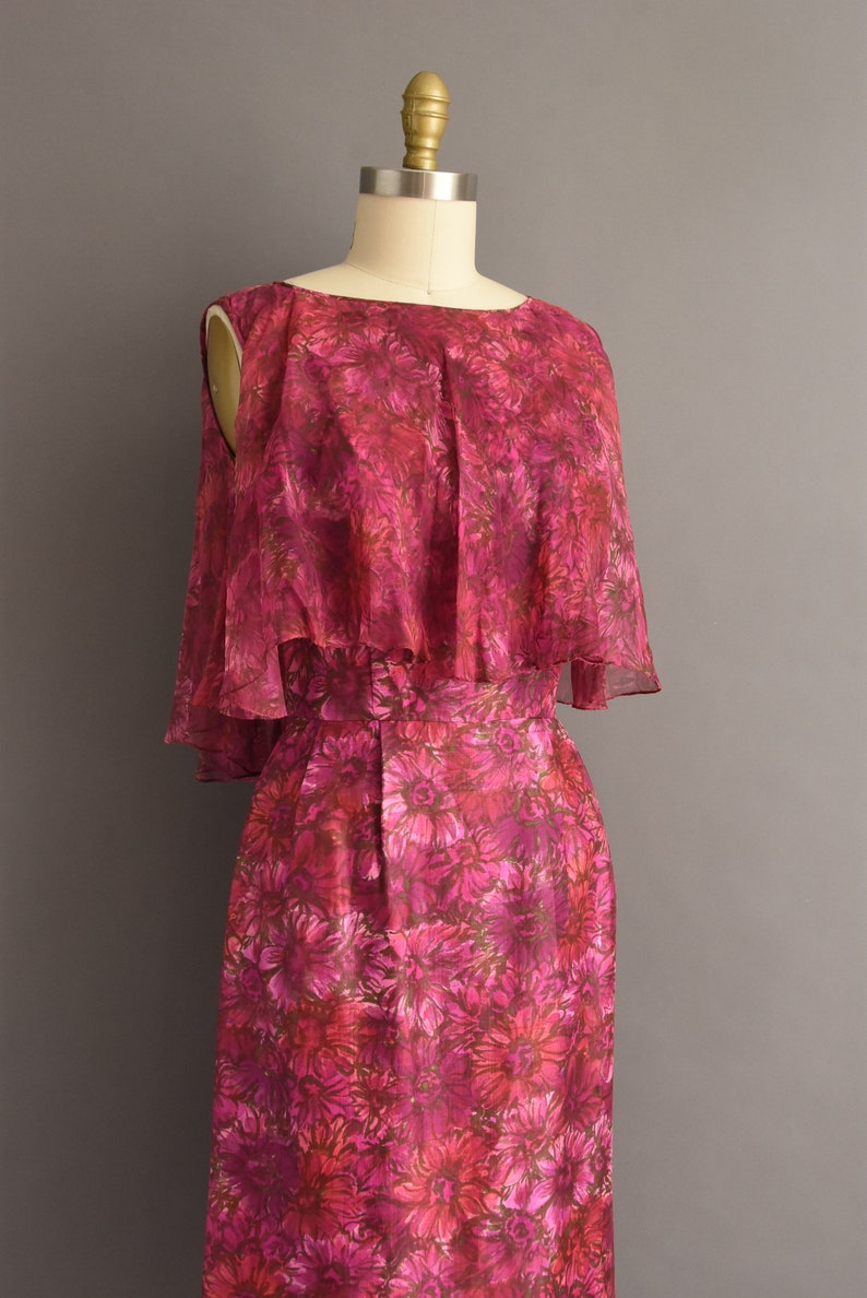 1950s vintage dress Gorgeous Pink & Purple Floral Print Silk Cocktail Wiggle Dress Small image 6