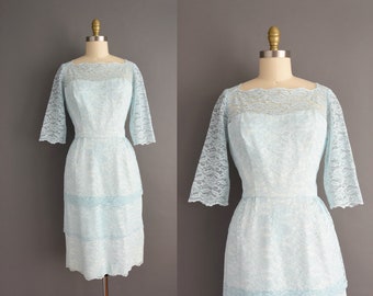vintage 1950s Mint Blue Lace Cocktail Party Bridesmaid Dress | Medium