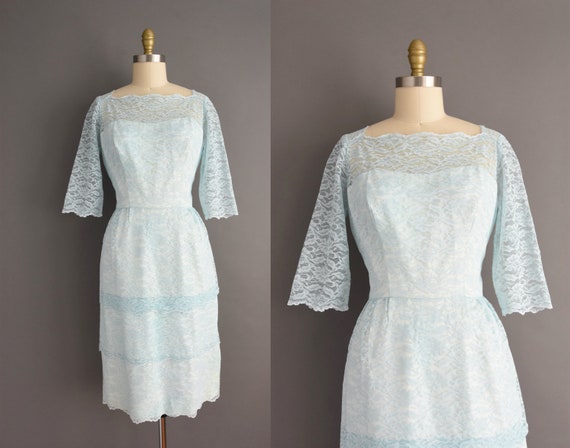 vintage 1950s Mint Blue Lace Cocktail Party Bride… - image 1