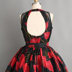 Vintage 1950s Dress Bold Red Poppy Floral Print Full Skirt Cocktail Dress small medium image 9