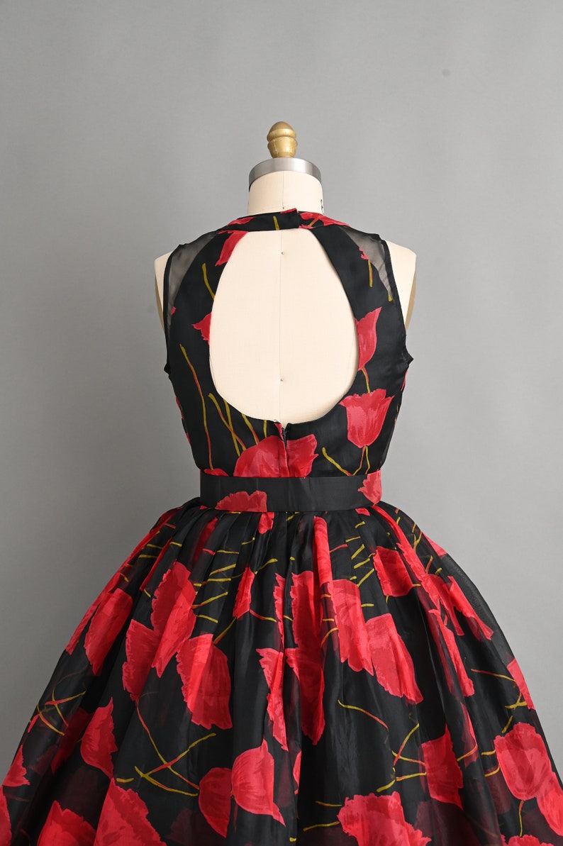 Vintage 1950s Dress Bold Red Poppy Floral Print Full Skirt Cocktail Dress small medium image 9