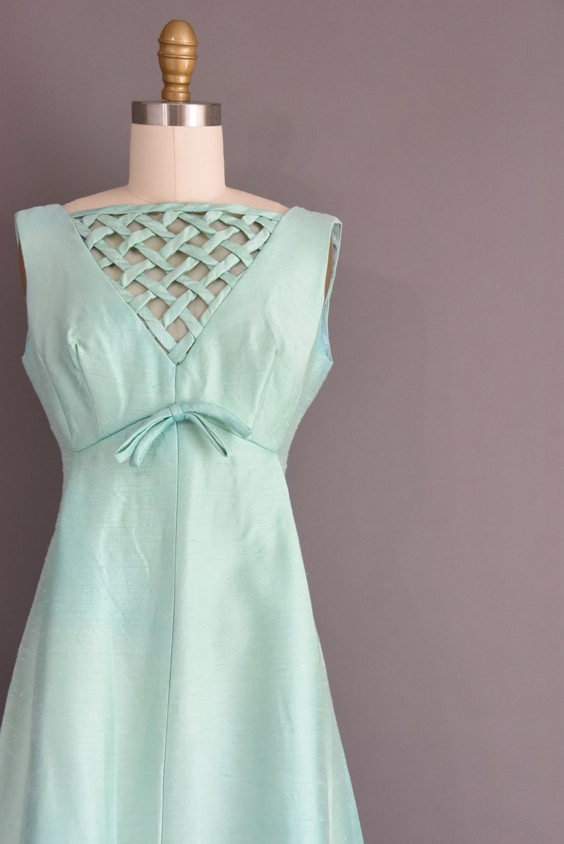 1960s vintage dress Mint Blue Silk Lattice Cocktail Party Bridesmaid Wedding Dress Medium image 4