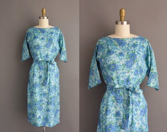 1950s vintage dress | Blue Floral Print Cocktail Party Pencil Skirt Dress | Small | 50s dress