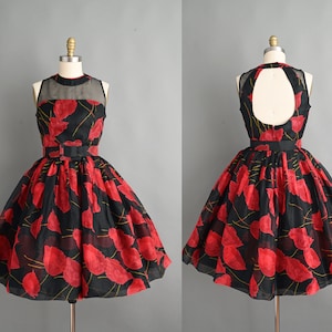 Vintage 1950s Dress Bold Red Poppy Floral Print Full Skirt Cocktail Dress small medium image 1