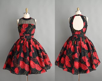 Vintage 1950s Dress | Bold Red Poppy Floral Print Full Skirt Cocktail Dress | small - medium