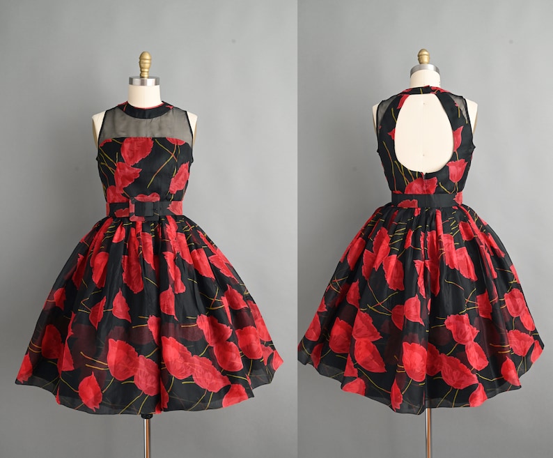 Vintage 1950s Dress Bold Red Poppy Floral Print Full Skirt Cocktail Dress small medium image 1