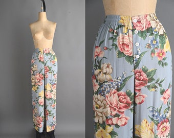 Vintage 1990s Pants | 1940s Inspired Ralph Lauren Rayon Floral Print Lounge Pants | Large / XL