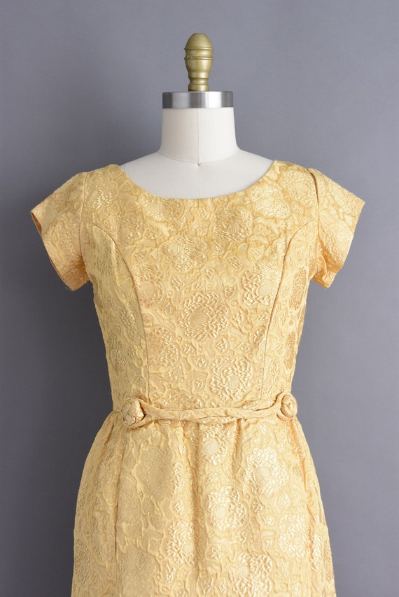 vintage 1950s Gold Floral Cocktail Party Dress | … - image 3