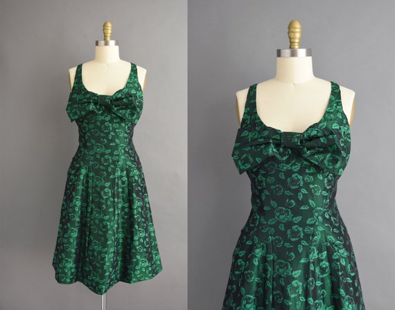 vintage 1950s | Gorgeous Deep Green Floral Cocktai