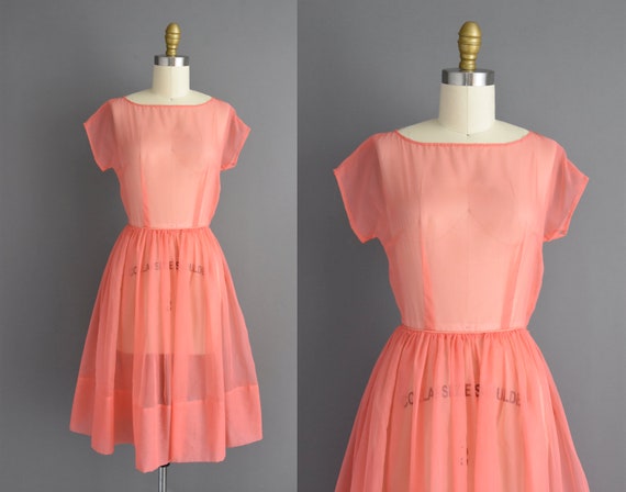 50s dress | Beautiful peach pink sheer chiffon ful