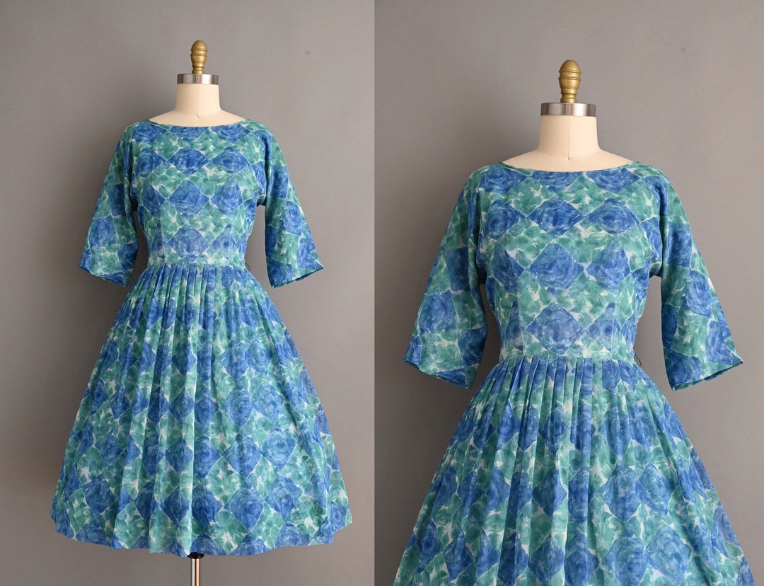 3XL 1950s Blue Floral Day Dress Green Short Sleeve Casual Volup