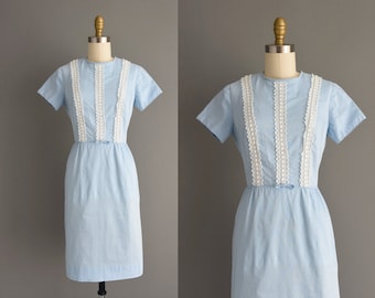 1950s vintage Periwinkle Blue Short Sleeve Cotton Pencil Skirt Dress | Small |