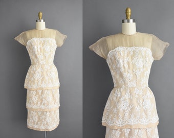 1950s vintage dress | Irene Sargent Ivory Chantilly Lace Cocktail Party Wiggle Dress | XS Small | 50s dress