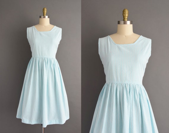 vintage 1950s | Blue Pinstriped Print Cotton Full