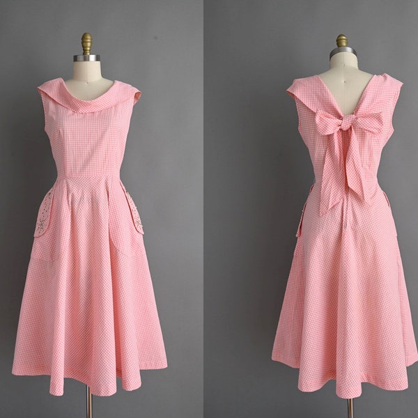 Vintage 1950s Dress | Pink Gingham Print Full Skirt Big Pockets Cotton Dress | Large