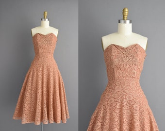 vintage 1950s dress | Strapless Lace Cocktail Party Dress | Small