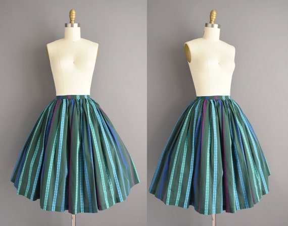 vintage 1950s skirt | High waist green stripe full