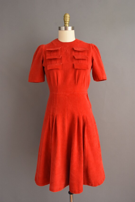 vintage 1940s dress | Candy Apple Red Corduroy Sh… - image 2