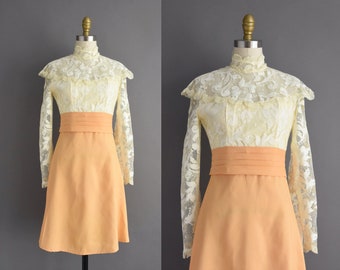 Vintage 1970s Dress  | Pumpkin Orange Long Sleeve Lace Party Dress | Small