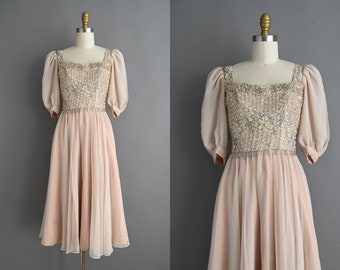 vintage 1950s Dress | Vintage Fluttery Chiffon Sparkly Rhinestone Dress | small