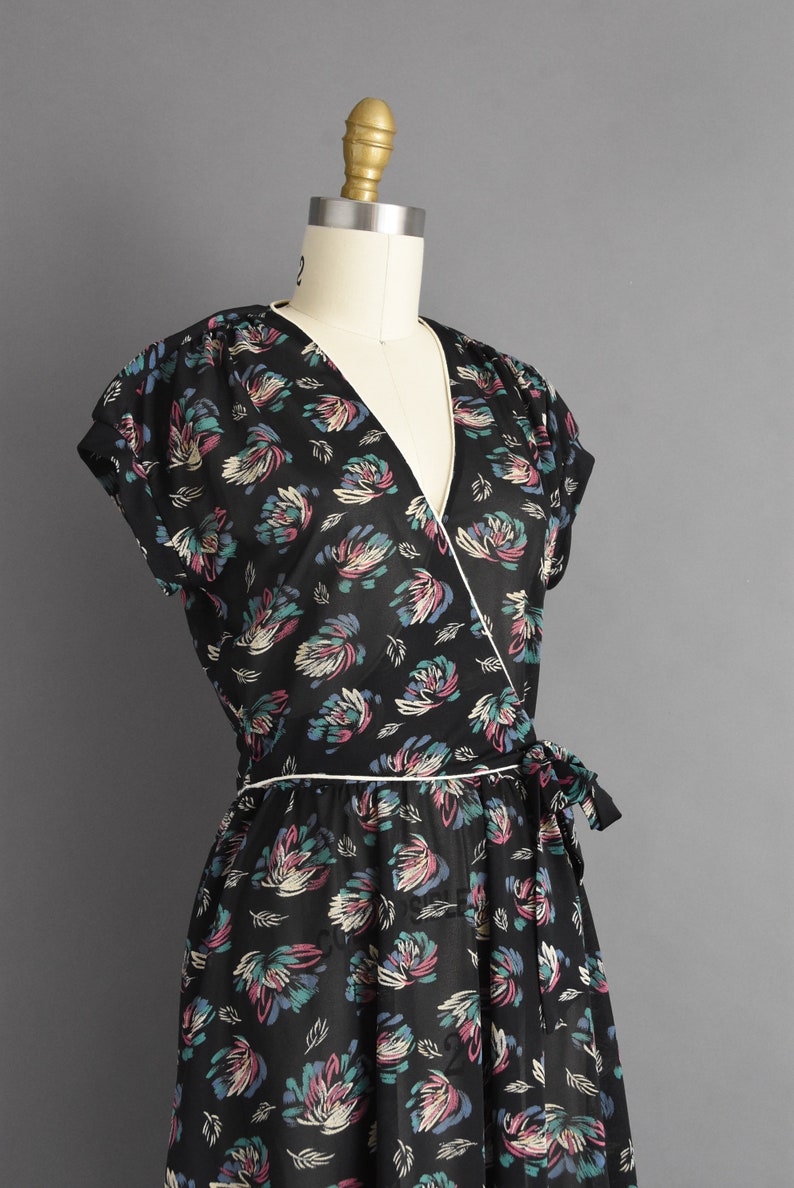 vintage 1970s Dress Wrap Style Black Dress Medium image 6