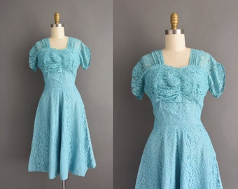 1950s vintage Turquoise Blue Lace Cocktail Party full Skirt Dress | Small |