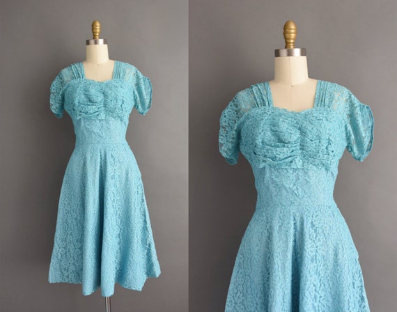 1950s vintage Turquoise Blue Lace Cocktail Party … - image 1