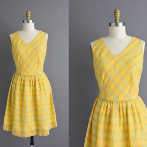 Vintage 1960er Jahre Kleid gelbes & mintblaues ärmelloses Sommerkleid aus Baumwolle Mittelgroß Bild 1