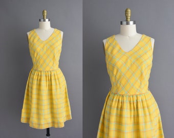 vintage 1960s dress | yellow & mint blue cotton plaid print sleeveless summer dress | Medium