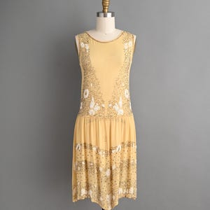 Vintage 1920s Dress | Gorgeous Antique Champagne Yellow Silver Beaded Dress | XS