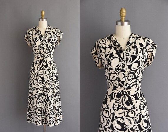 vintage 1940s black and white cotton print dress -
