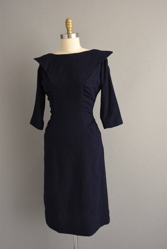 vintage 1950s dress | Gorgeous Navy Blue Wool Coc… - image 6